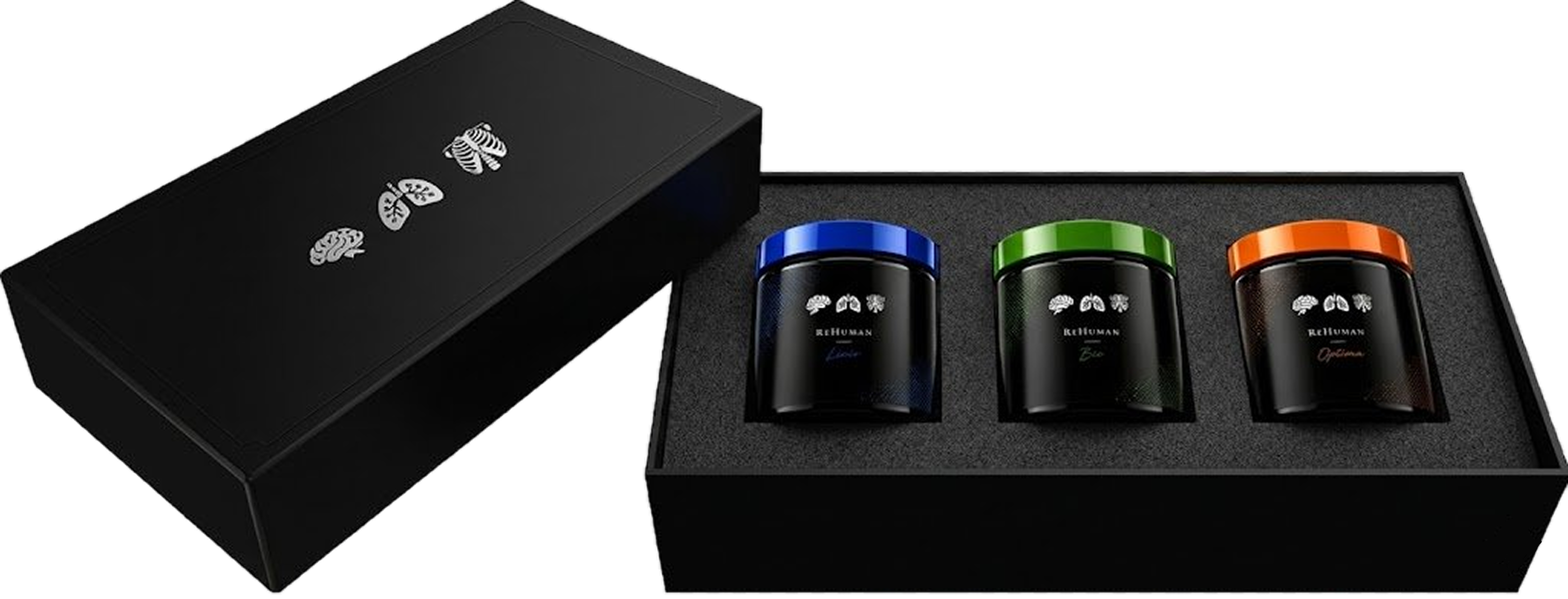ReHuman Lab — matte-black apothecary box with three formula jars (Lixir, Bio, Optima)